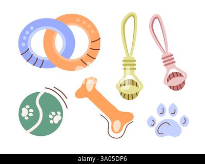 Un set colorato di giocattoli per cani. Giocattoli per cani, addestramento per cuccioli, forniture per animali domestici. Un collare, una palla, una corda con una palla per cani, anelli da masticare rotondi, un osso di gomma. Illustrazioni vettoriali piatte. Illustrazione Vettoriale