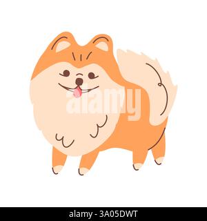 Pomerania Pomerania in una passeggiata, sorridendo e strizzando la lingua. Illustrazione vettoriale di un cucciolo carino. Una razza tedesca di cani di piccola taglia. Per la progettazione grafica di prodotti e stampe per animali domestici. Illustrazione Vettoriale