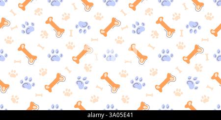 Colorato motivo senza cuciture con un'impronta di cane e un osso. Stampa vettoriale per tessuti per animali domestici, imballaggio di prodotti per cani. Illustrazione Vettoriale