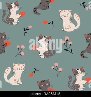Motivo senza cuciture con simpatici gattini colorati. Fantasia rosa infantile. Ideale per illustrazioni di tessuti e tessuti vettoriali Illustrazione Vettoriale