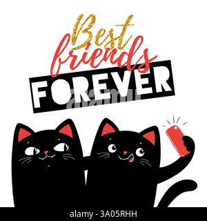Due gatti neri che fanno selfie al telefono, migliori amici per sempre illustrazioni Illustrazione Vettoriale