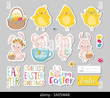 Set di etichette regalo di Pasqua, elementi per scrapbooking, etichette, badge con simpatici coniglietti, pollo e lettere . Adesivi di saluto pasquale con coniglietto, fiori Illustrazione Vettoriale