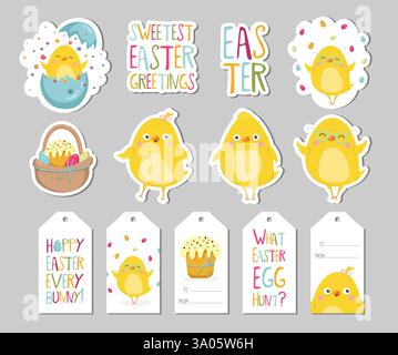 Set di cartellini regalo di Pasqua, elementi per scrapbooking, etichette, badge con carino pollo e lettere . Adesivi di saluto pasquale con coniglietto, fiori, uova. V Illustrazione Vettoriale