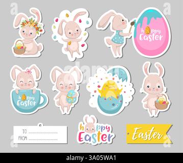 Set di etichette regalo di Pasqua, elementi per scrapbooking, etichette, badge con simpatici coniglietti e lettere . Adesivi di saluto pasquale con coniglietto, fiori, uova. V Illustrazione Vettoriale