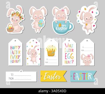 Set di etichette regalo di Pasqua, elementi per scrapbooking, etichette, badge con simpatici coniglietti e lettere . Adesivi di saluto pasquale con coniglietto, fiori, uova. V Illustrazione Vettoriale