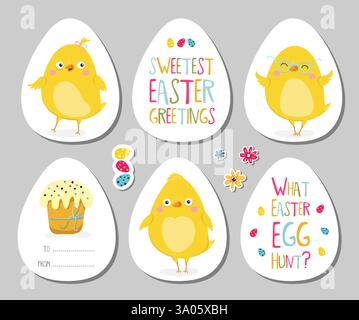 Set di cartellini regalo di Pasqua, elementi per scrapbooking, etichette, badge con carino pollo e lettere . Adesivi di saluto pasquale con coniglietto, fiori, uova. V Illustrazione Vettoriale