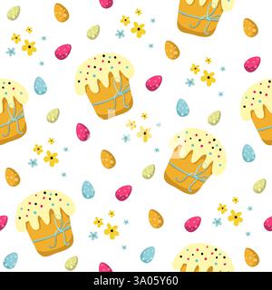 Pasqua senza cuciture con uova, torte pasquali e fiori su sfondo bianco. Illustrazione vettoriale EPS10 Illustrazione Vettoriale