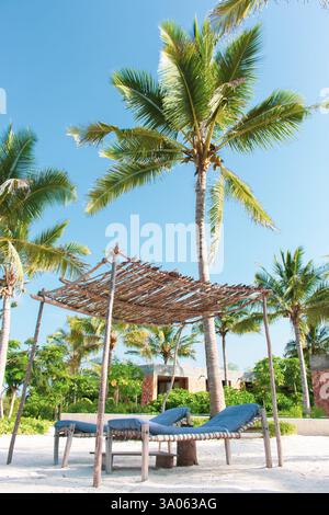 Due sdraio con asciugamani vicino alla piscina. Poltrona con riparo sotto le palme. Hotel Paradise sulla costa. Località turistica vuota. Idilliaci tropici Foto Stock