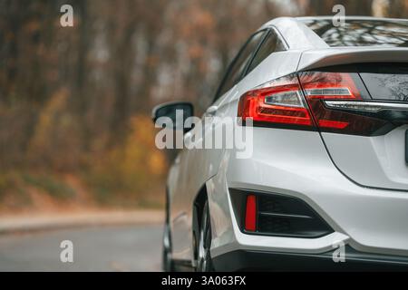 Vista posteriore dell'auto parcheggiata all'aperto vicino alla strada. Foto Stock