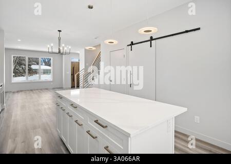 Cucina bianca con un bancone bianco e armadi bianchi. La cucina è vuota e pulita. La cucina ha un design moderno e minimalista Foto Stock