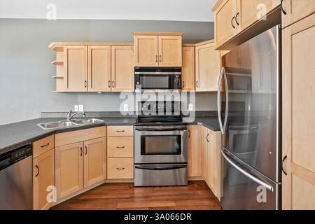 Cucina con piano cottura in acciaio inossidabile, microonde e frigorifero color argento. La cucina è pulita e ben organizzata Foto Stock