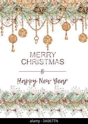 Rami di abete, erba, coni, palle, catene, gli ingranaggi e gli archi per Capodanno e Natale sono disegnati a mano. Piante forestali per il vento Foto Stock