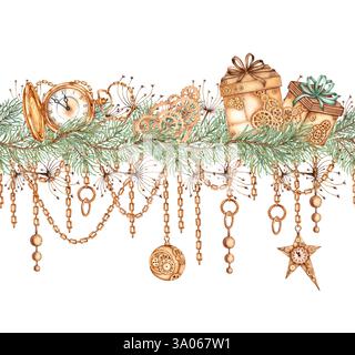 ghirlanda di rami di abete, erba, orologi, regali, catene, gli ingranaggi per il nuovo anno e Natale sono disegnati a mano. Horizo senza cuciture Foto Stock