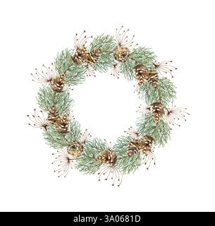 Rami di abete, coni di pino ed erba illustrazione di acquerelli natalizi e di Capodanno. Telaio rotondo, bordo con piante invernali isolate dal backgro Foto Stock