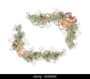 Rami di abete con arco marrone, erba, catene, sfera, ingranaggi e acquerello bling. Piante forestali per l'inverno, Natale e Capodanno. IO Foto Stock