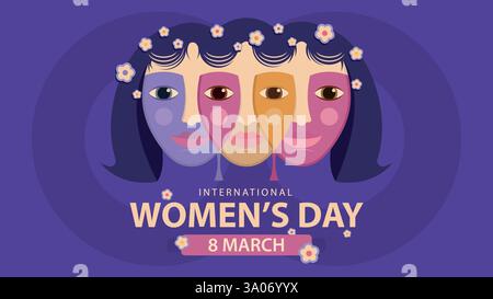 Biglietto di auguri PER LA GIORNATA INTERNAZIONALE DELLE DONNE. Tre facce da donna di colori diversi intrecciate con fiori nei capelli su uno sfondo viola Illustrazione Vettoriale