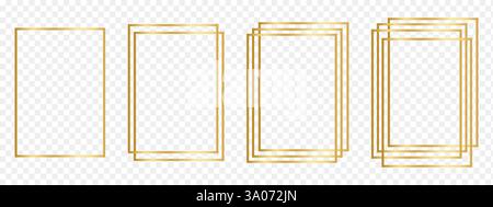 Set di cornici rettangolari dorate. Bordi rettangolari lucidi, cornici decorative lucide, elementi di design per striscioni, biglietti di auguri o biglietti da sposa isolati su sfondo trasparente. Illustrazione vettoriale. Illustrazione Vettoriale