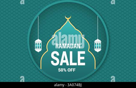 Saldi Ramadan Kareem! Festeggia con sconti esclusivi. Acquista ora. Motivi islamici o motivi lanterna sullo sfondo. Banner di vendita EID Illustrazione Vettoriale