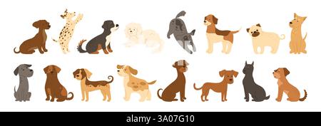Illustrazione del set di personaggi dei cartoni animati di cute Dogs per bambini. Simpatici cani infantili di diverse razze. Cucciolo in varie pose che gioca seduto e in piedi. Simpatici animali canini comici vettore semplice Illustrazione Vettoriale