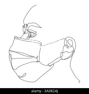 Una linea continua disegno medico donna viso maschera. Concetto di virus corona e polvere PM2,5. Immagine di una mano che tiene una penna in uno schizzo o vecto Foto Stock