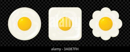 Realistica forma rotonda, quadrata e a margherita in 3d di uovo fritto. Illustrazione Vettoriale