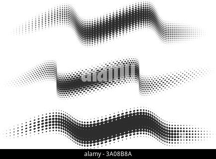 Forme vettoriali tratteggiate. Elementi ondulati a gradiente astratto isolati su sfondo bianco. Linee geometriche mezzitoni con texture graduata. Dinamica curva Illustrazione Vettoriale