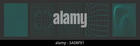 Collezione di sfondi a griglia Y2K con effetti di distorsione geometrica - linee verdi al neon su superfici scure con motivi di illusione ottica. Design digitali retrò e futuristici per pagine Web, poster o banner Illustrazione Vettoriale