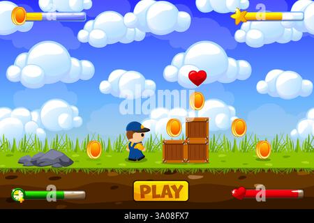 Risorse di gioco. Contiene piastrelle di terra e molti oggetti, oggetti, carattere e pulsanti. Risorse vettoriali e livelli per i videogame 2D per dispositivi mobili. Stile cartoni animati Illustrazione Vettoriale