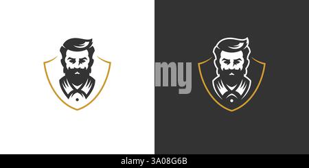 Ritratto uomo barbiere con elegante icona minimalista a scudo dorato per illustrazione vettoriale con set di logo. Barbiere hipster maschio brutale baffi alla barba Illustrazione Vettoriale