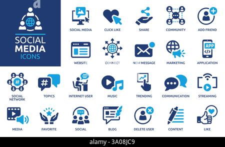 Set di icone dei social media. Comunità online, media, sito web, blog, contenuti, icone di marketing aziendale e social network. Collezione di icone piene. Illustrazione Vettoriale