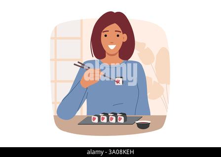 La donna mangia i maki Rolls usando le bacchette mentre siede al tavolo nel ristorante giapponese orientale Illustrazione Vettoriale