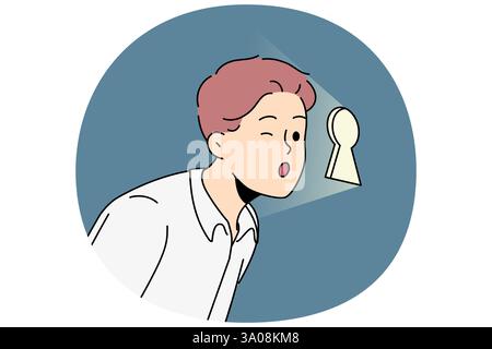 Un uomo d'affari curioso guarda attraverso il buco della chiave, cercando di scoprire i segreti aziendali di concorrenti o partner. Un dirigente d'azienda spierà i subordinati per evitare azioni indesiderate da parte dei dipendenti dell'azienda Illustrazione Vettoriale