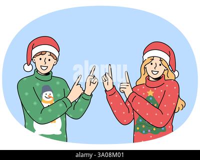 Uomo e donna nei maglioni di natale puntano le dita verso l'alto per visitare i saldi di Capodanno. Felice ragazzo e ragazza con i cappelli di babbo natale sorridenti guardando lo schermo invitandoti alla festa di natale o al festival di natale Illustrazione Vettoriale