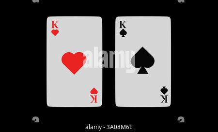 Modello 3D di due carte da gioco cuori e picche su sfondo grigio, gioco d'azzardo Foto Stock