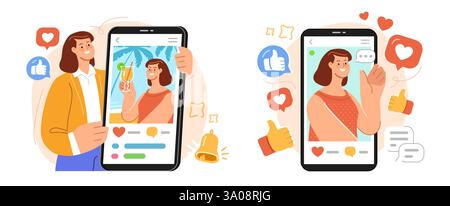 Donna che riceve nuovi abbonamenti ai follower, commenti del pubblico e reazioni cardiache, mi piace. Social network, blog online Illustrazione Vettoriale