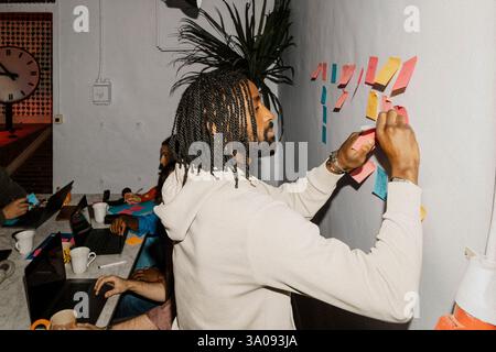 Imprenditore maschile con scritta per capelli intrecciati su una nota adesiva durante la riunione in ufficio Foto Stock