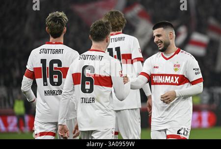 Celebrazione della porta Angelo Stiller VfB Stoccarda (06) Atakan Karazor VfB Stoccarda (16) Nick Woltemade VfB Stoccarda (11) Deniz Undav VfB Stoccarda (26) Foto Stock