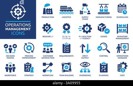 Set di icone di gestione delle operazioni. Contenente produzione, logistica, catena di approvvigionamento, produzione, pianificazione, gestione dell'inventario. Collezione di icone piene. Illustrazione Vettoriale