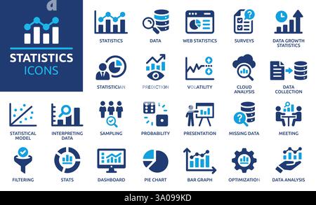 Set di icone statistiche. Contenente dati, statistiche web, sondaggio, previsione, presentazione, icone di analisi cloud e grafici a torta. Collezione di icone piene. Illustrazione Vettoriale
