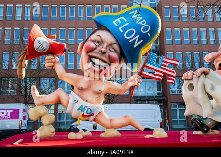 Dusseldorf, Germania. 3 marzo 2025. Galleggiante politico del carnevale raffigurante Elon Musk con una svastica fatta di bandiera americana dal designer Jacques Tilly. Foto: Immagini vibranti/Alamy Live News Foto Stock