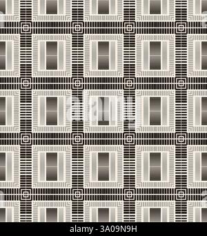 Rettangoli a strisce grigie nere motivo senza cuciture su sfondo beige. Forme geometriche a strisce come finestre strette. Motivo per tessuto, involucro, striscione. Illustrazione Vettoriale