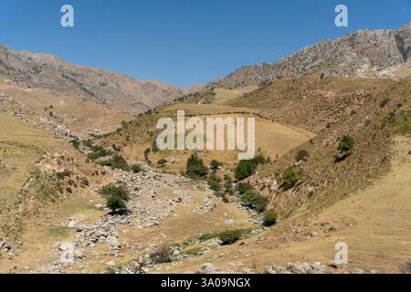 Una catena montuosa con un fiume che la attraversa Foto Stock