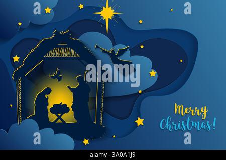 Biglietto di auguri del tradizionale Presepe cristiano di Natale di Gesù bambino nella mangiatoia con Maria e Giuseppe in silhouette. Notte Santa. Illustrazione Vettoriale