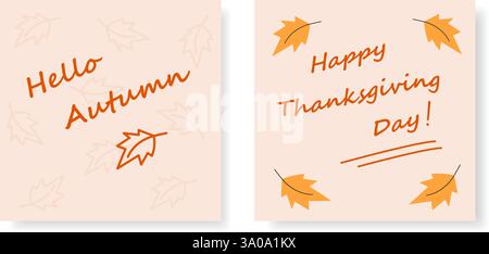 Buon giorno del Ringraziamento Buongiorno Autunno lettere a mano libera Note sticker design di benvenuto Set2. Illustrazione vettoriale isolata scheda tematica, poster, banner, brochure, annunci o opuscolo promozionale Web, etichetta Illustrazione Vettoriale