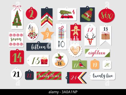 Collezione di etichette stampabili astratte per Natale e Capodanno. Calendario dell'avvento. Illustrazione vettoriale Illustrazione Vettoriale