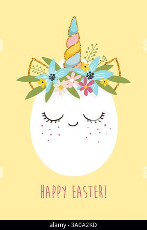 Grazioso uovo di pasqua unicorno con corona di fiori. Biglietto di auguri di buona Pasqua. Illustrazione vettoriale Illustrazione Vettoriale
