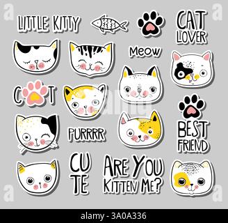 Set di felini, simpatici gattini, perfetti per t-shirt, adesivi, stampe e altro ancora Illustrazione Vettoriale