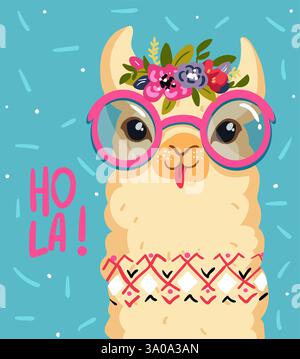 Simpatico personaggio di lama, fiori corona sulla testa, alpaca sorridente. Illustrazioni Hola Illustrazione Vettoriale