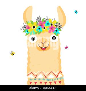 Simpatico personaggio di lama, fiori corona sulla testa, alpaca sorridente. Illustrazioni Hola Illustrazione Vettoriale