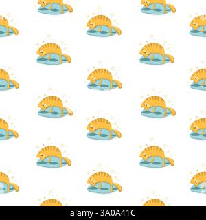 Simpatico sfondo senza saemless con gatti che dormono sui cuscini su sfondo bianco, illustrazione vettoriale EPS 10 Illustrazione Vettoriale